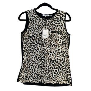 Calvin Klein Womens Leopard Print Sleeveless Top Blouse S Brown Black Stretch